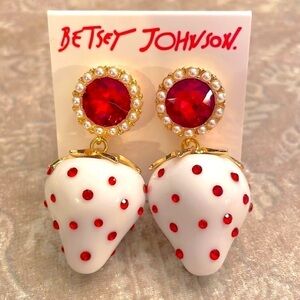 Brand New Betsey Johnson White Strawberry Red Crystal Drop Earrings Valentines